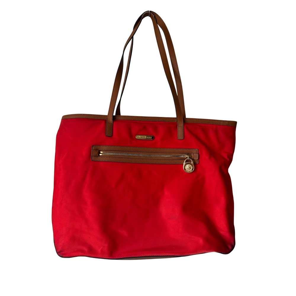 Michael Kors Tote Bag Womens Large Red Nylon Brown Leather Fair Zip Top Gold MK